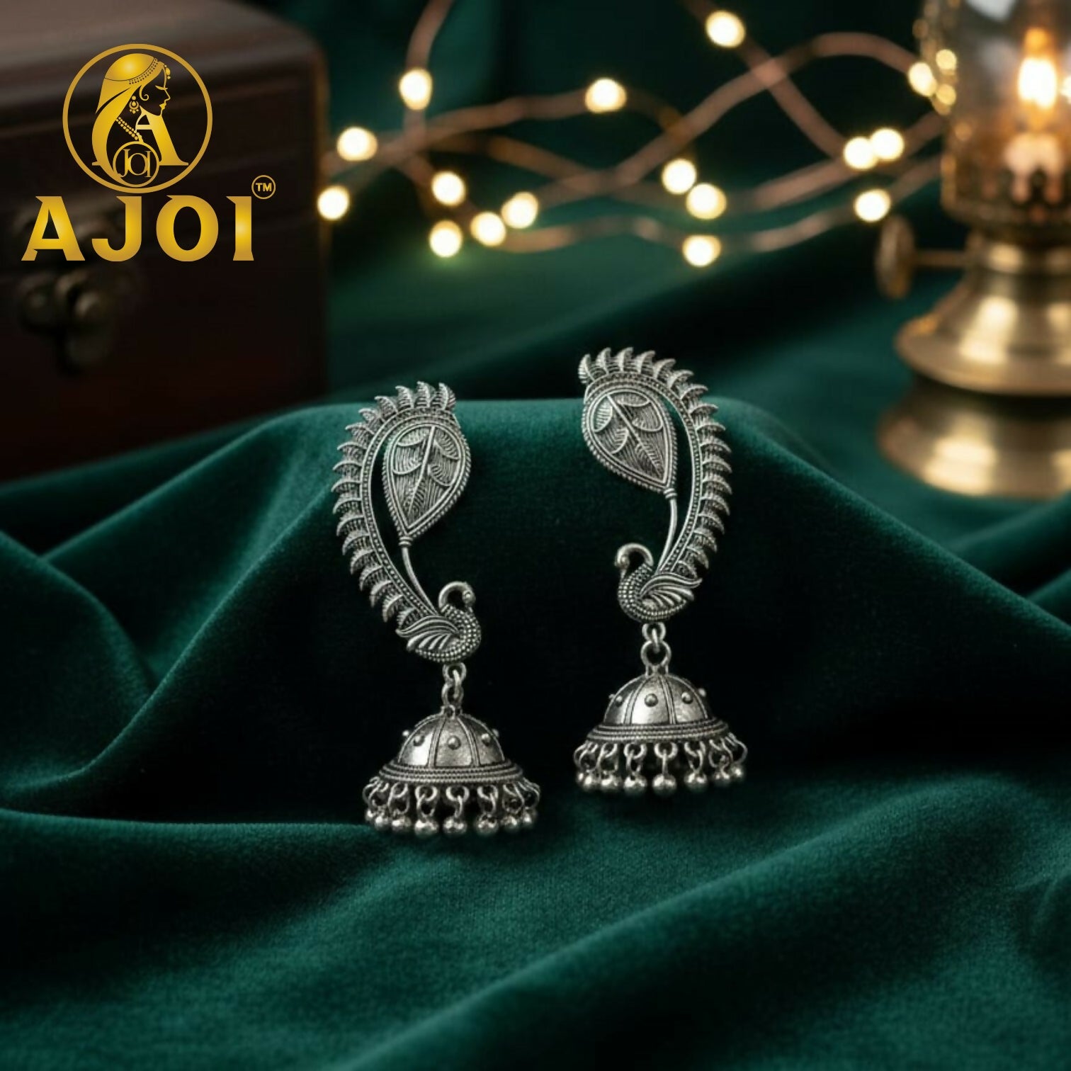 Regal Peacock Jhumka Silver Earrings
