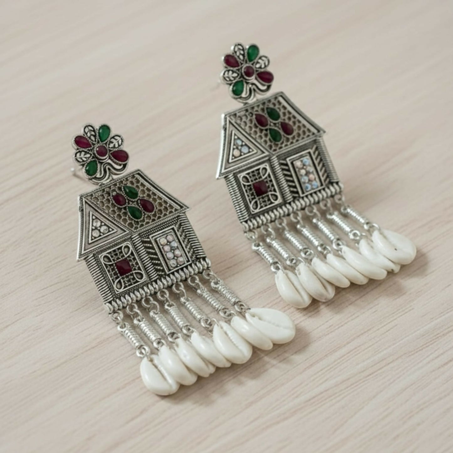 Oxidized Silver House-Shaped Earrings with Multicolor Stones & Shell Danglers