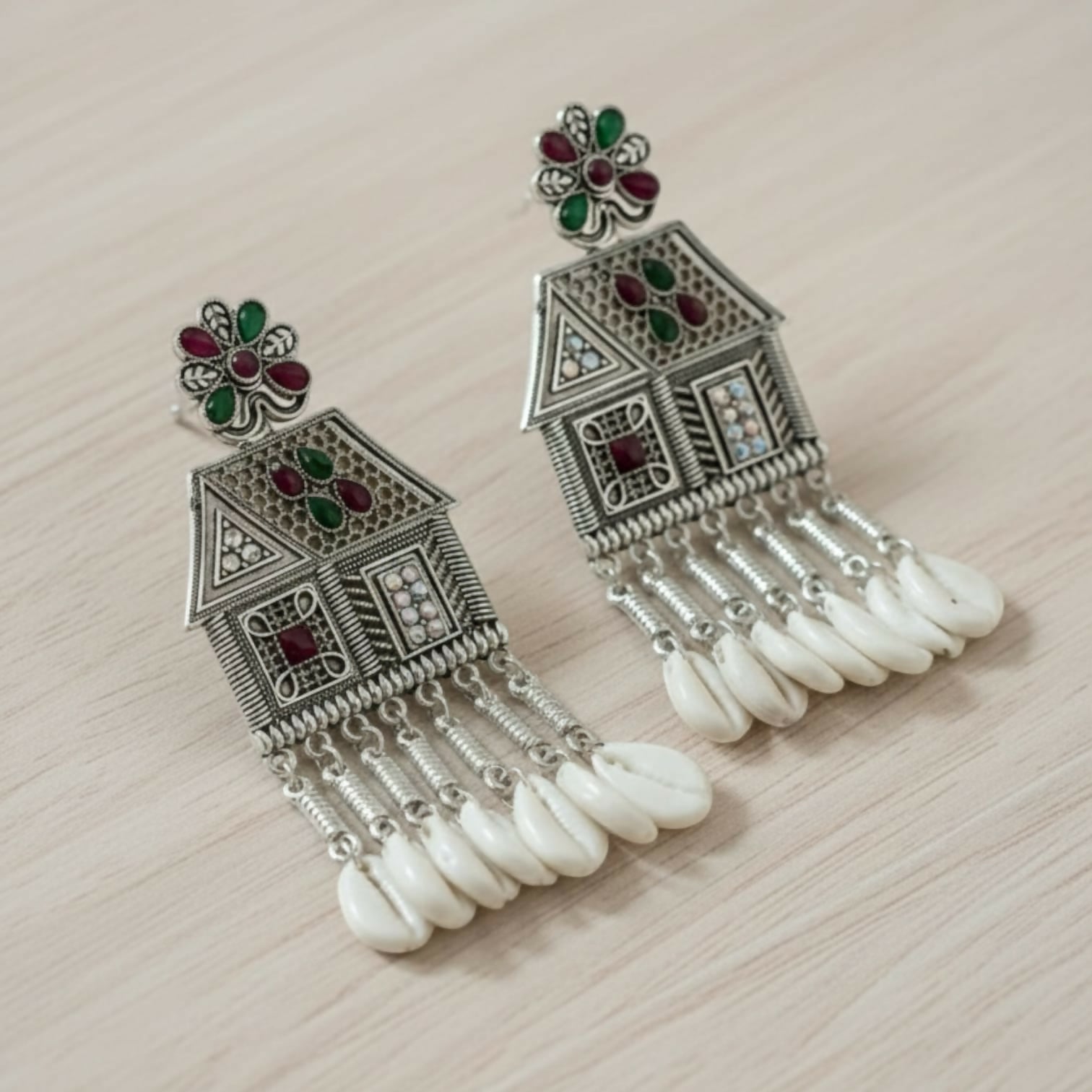 Oxidized Silver House-Shaped Earrings with Multicolor Stones & Shell Danglers