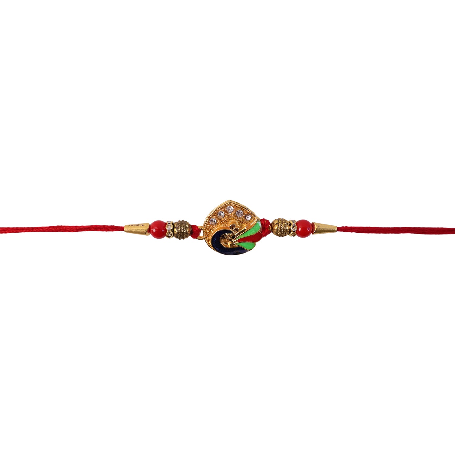 Peacock Feather Rakhi with Red Beads and Cute Mor Charm