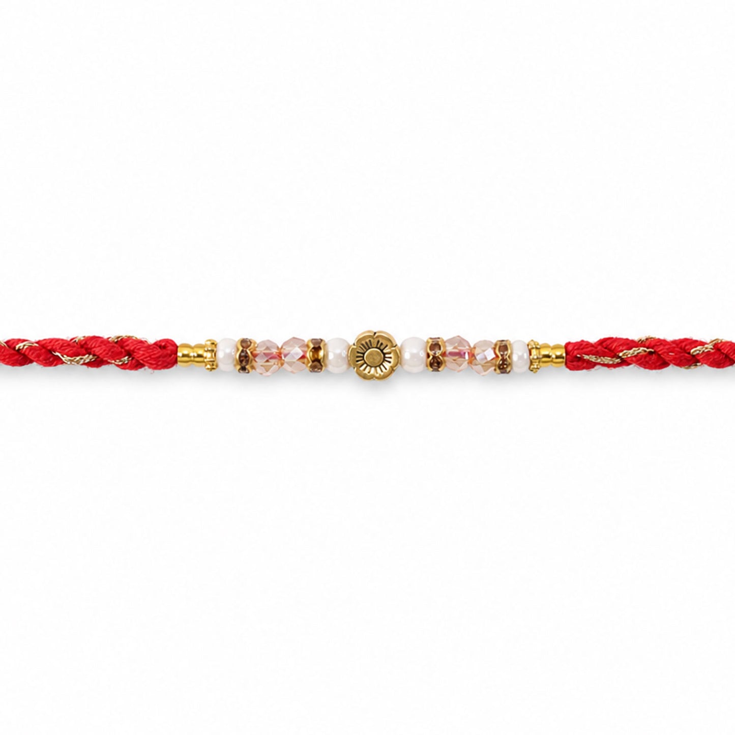 Red Thread Rakhi with Pearls, Crystal Beads and a Gold Flower Charm