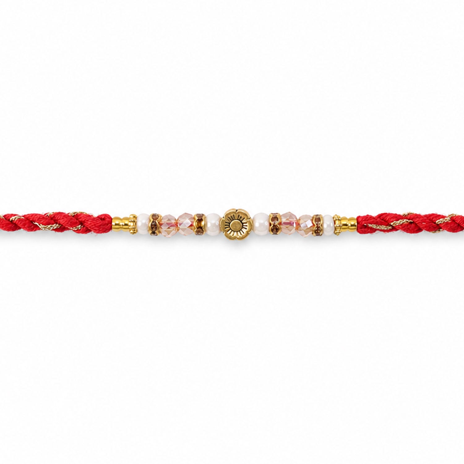 Red Thread Rakhi with Pearls, Crystal Beads and a Gold Flower Charm