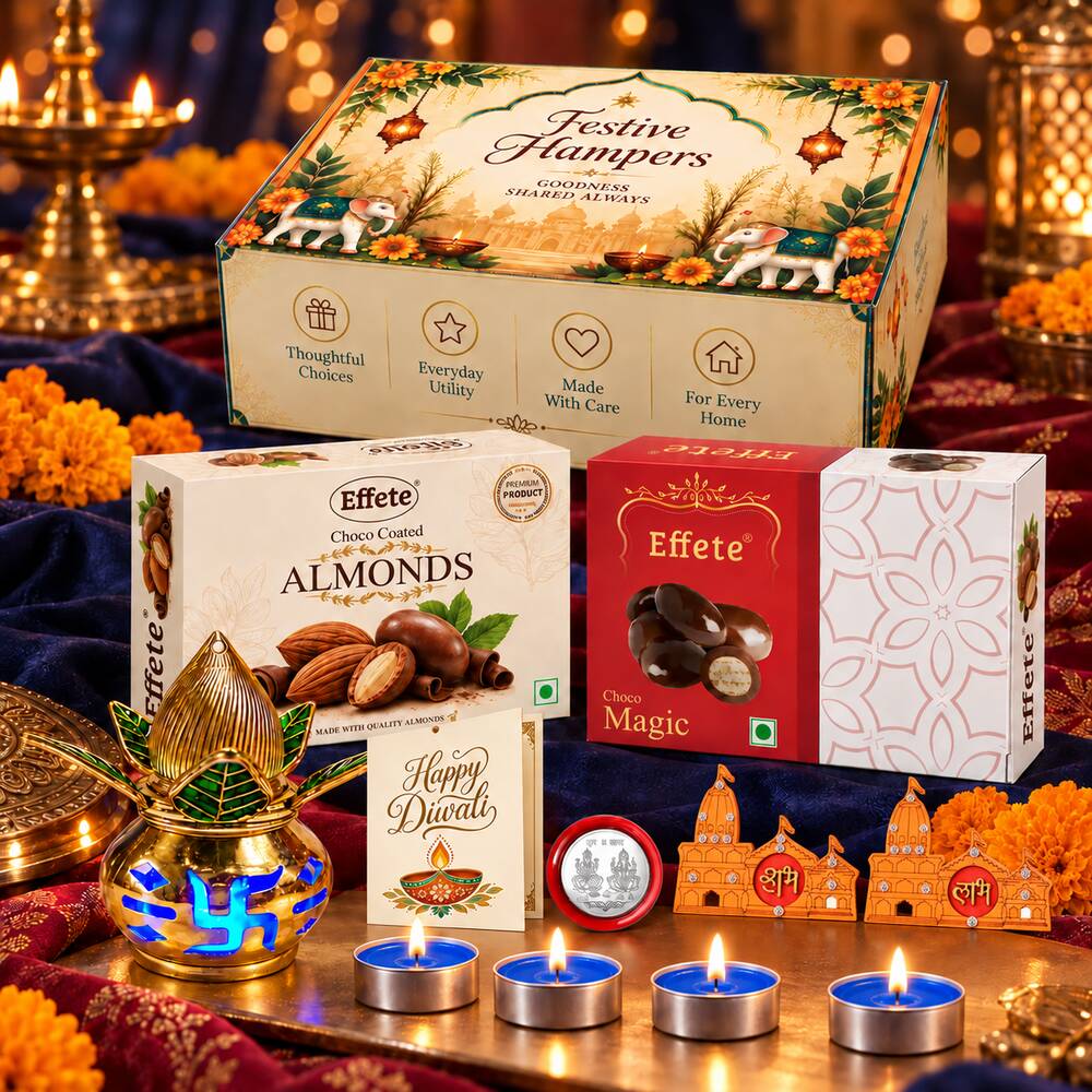 A festive hamper box with two chocolate boxes, a golden kalash, four blue tealights, three wooden temple – view 2