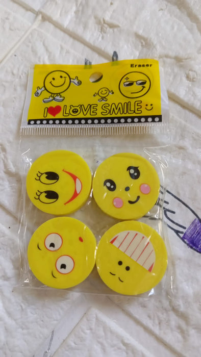 4564 Cute Smile Emoji Erasers, Cute Smile Face Rubber Eraser Dentist Dental Clinic School Kid for School Going Kids/Birthday Party Return Gift Set (4pc Set)