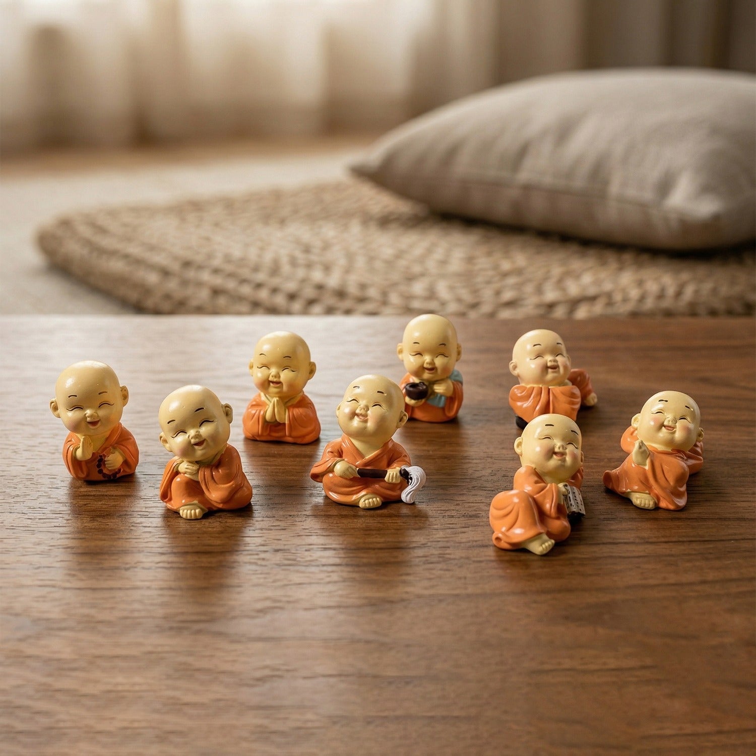 Mini Monk Buddha Idol Set – 8 Joyful Laughing Figurines