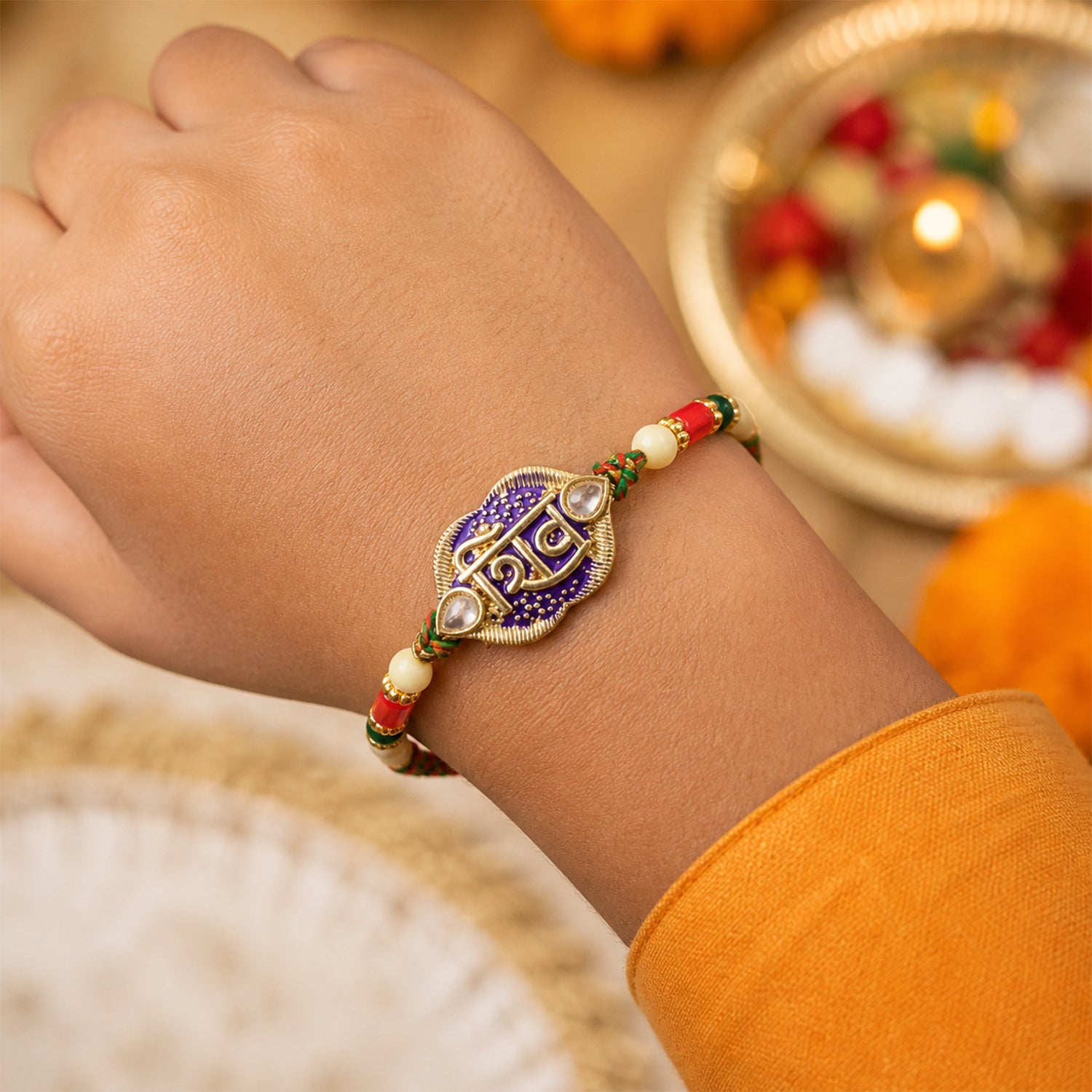 Shiv Text Pendant Rakhi with Purple Enamel and Kundan Stones