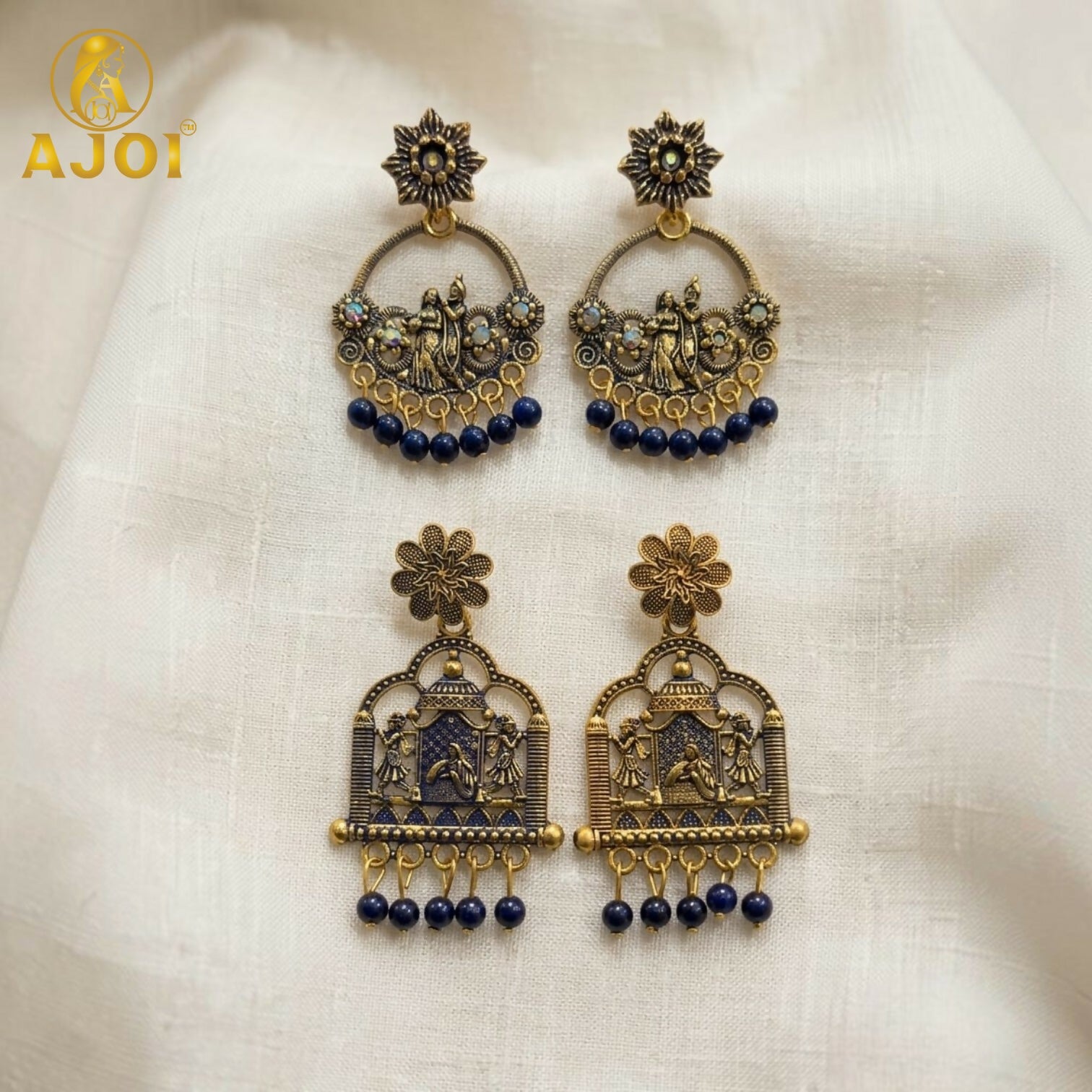 Traditional Radha Krishna Temple Earrings with Blue Beads - 2 Pairs