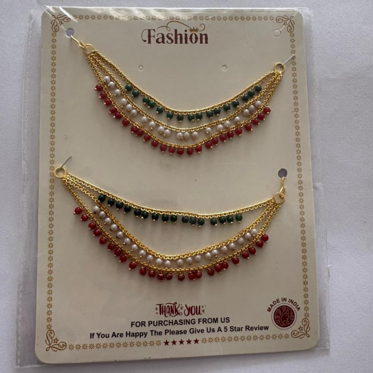 Gold-Plated Ear Chain Kanser with Red Green Beads and Pearls for Women’s Wedding Jewelry