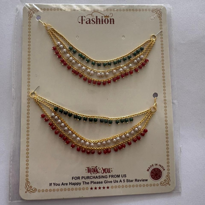 Gold-Plated Ear Chain Kanser with Red Green Beads and Pearls for Women’s Wedding Jewelry