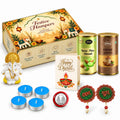Diwali Gift Hamper with Kesar-Pista Almonds & Coffee Almonds, Ganesha Idol, Tealights & Decor
