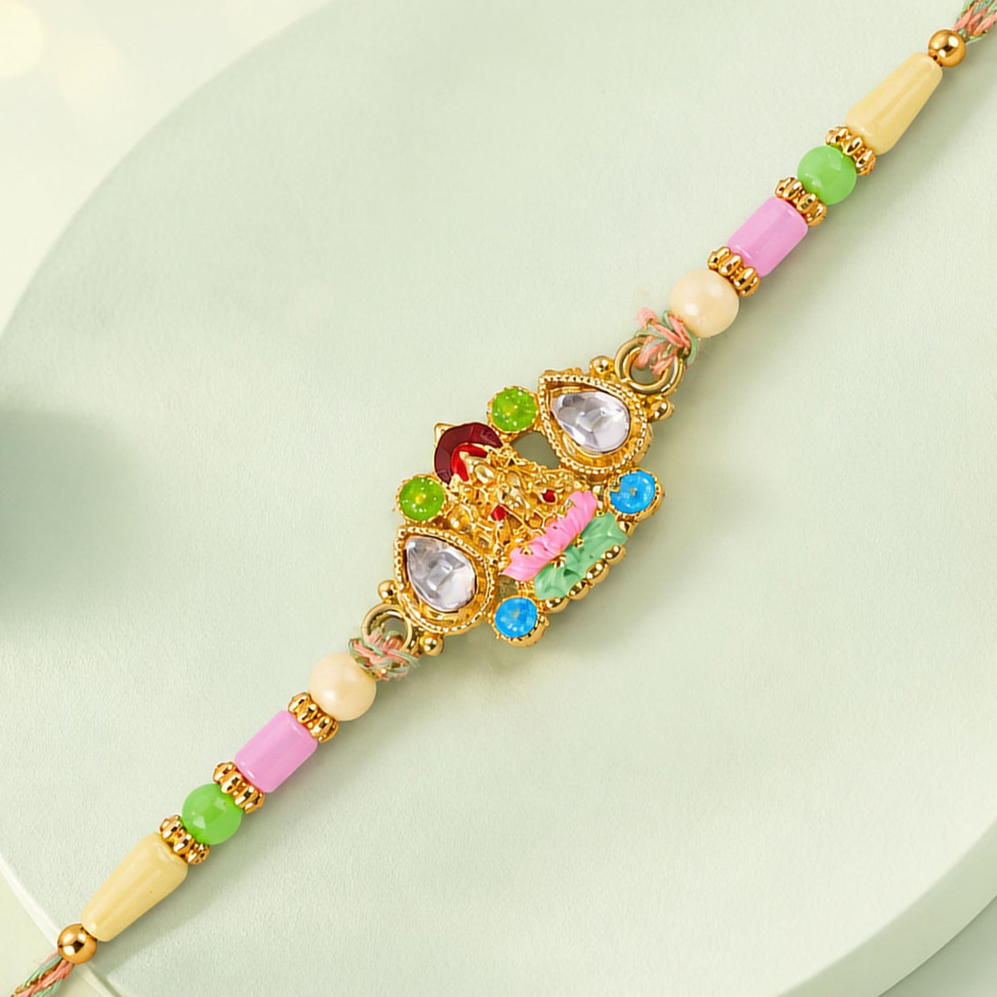 Multicolor Kundan Cluster Pendant Rakhi with Pastel Beads