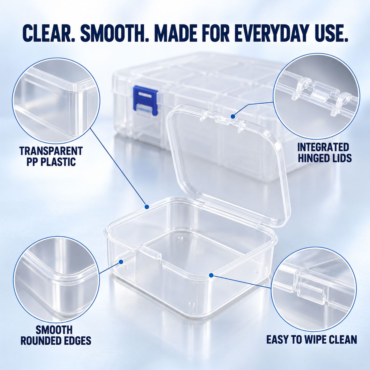 A collage of four close-up views highlighting features of the clear plastic storage box, including transparent plastic,
