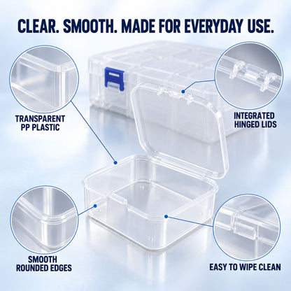 A collage of four close-up views highlighting features of the clear plastic storage box, including transparent plastic,