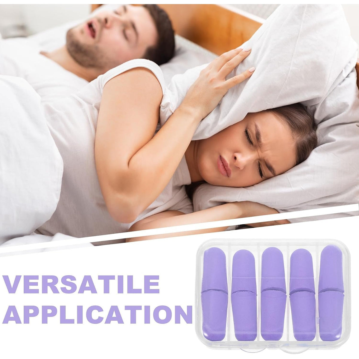 A woman covers her head with a pillow while a man sleeps loudly in the background, with a clear case of five purple earplugs