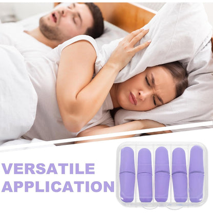 A woman covers her head with a pillow while a man sleeps loudly in the background, with a clear case of five purple earplugs