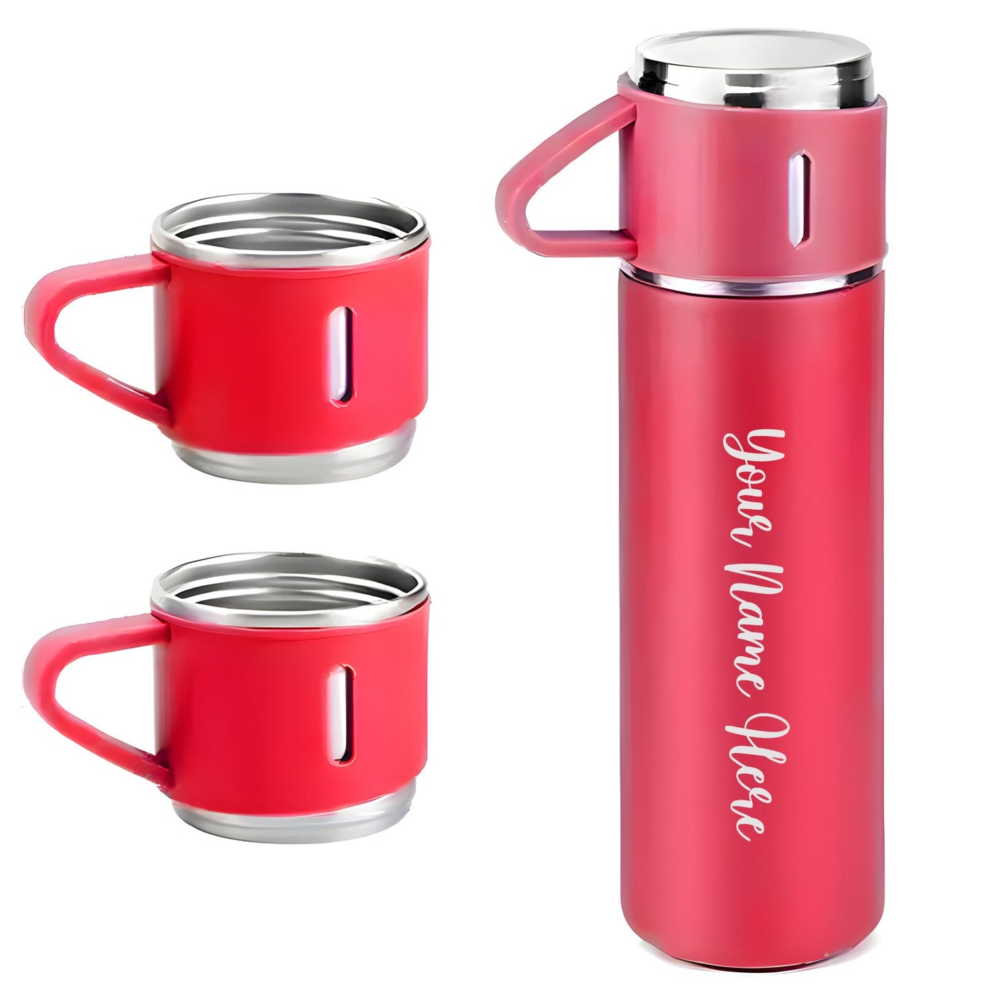 Customized/Personalized Stainless Steel Water Bottle Vacuum Flask Set With 3 Steel Cups Combo | Gifting Custom Name Water Bottle | Gifts for boyfriend/Girlfriend/Employee | 500ML |