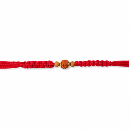 Red Braided Rakhi with a Natural Rudraksha Bead Pendant Accent