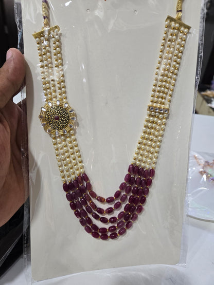 Pearl Beaded Ruby Stone Layered Necklace Set with Antique Pendant Design