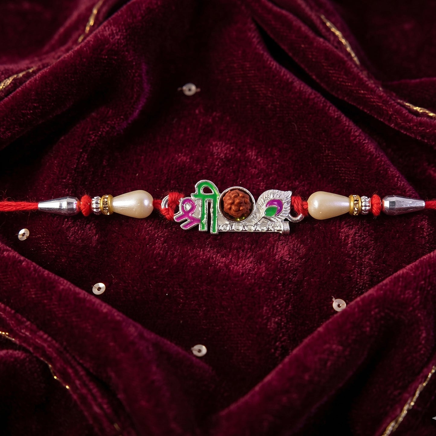 Colorful Shree Designer Rakhi with Rudraksha Center and Pearl Beads