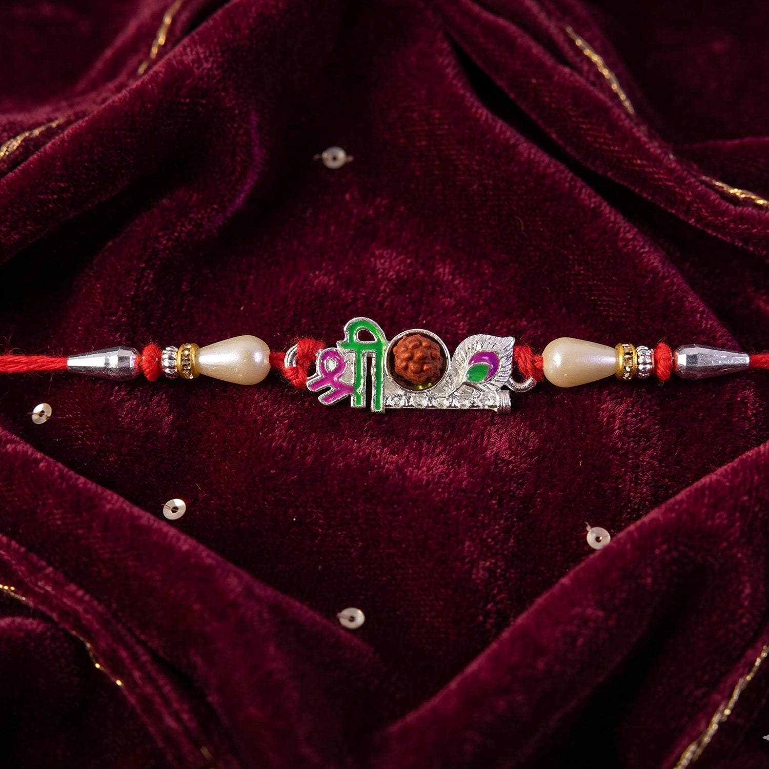 Colorful Shree Designer Rakhi with Rudraksha Center and Pearl Beads