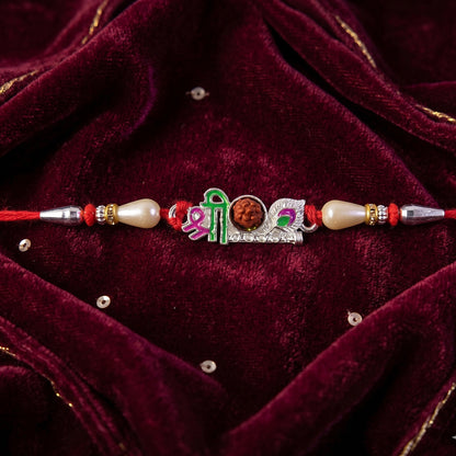 Colorful Shree Designer Rakhi with Rudraksha Center and Pearl Beads