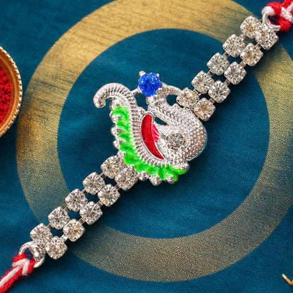 Festive Rakhi with Peacock Charm, pink accents and display look for Gift Styling