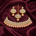 Elegant Peach Bead and Pearl Choker Jewelry Set with Maang Tikka & Floral Earrings
