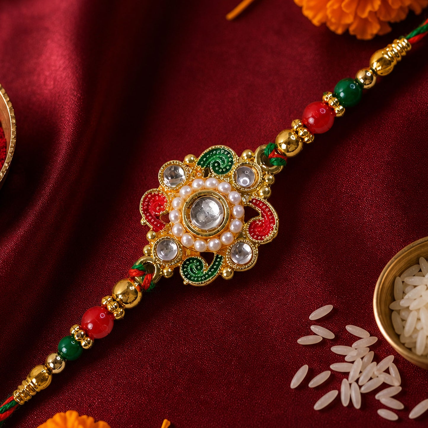 Elegant Rakhi with Floral Medallion and bead line in chain look for Gift Styling