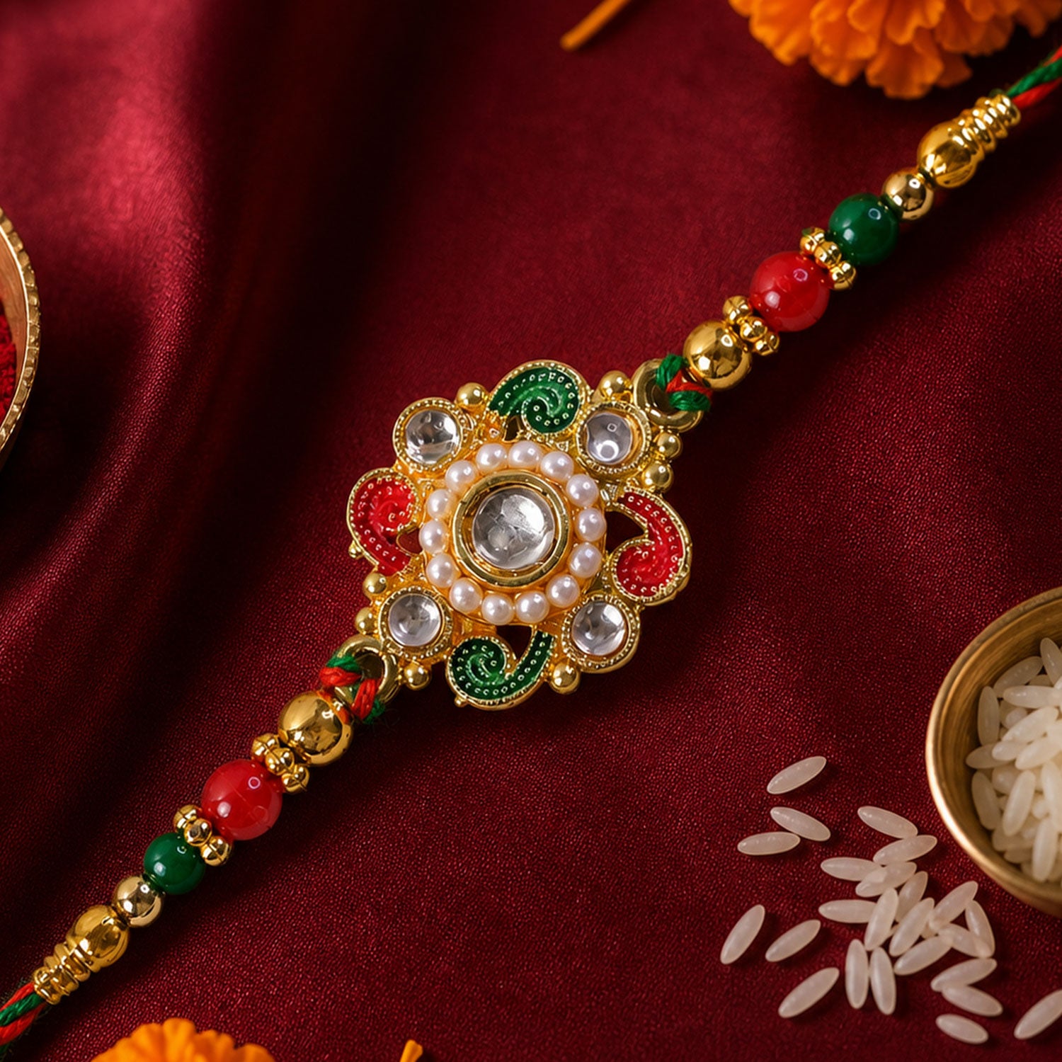 Elegant Rakhi with Floral Medallion and bead line in chain look for Gift Styling