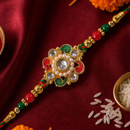 Elegant Rakhi with Floral Medallion and bead line in chain look for Gift Styling