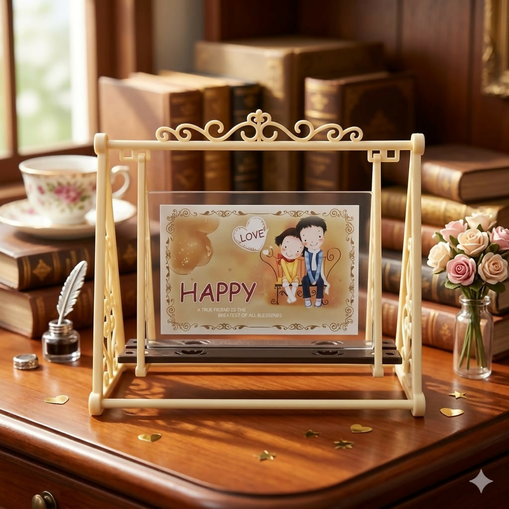 Side view of rotating swing photo frame in ivory and brown