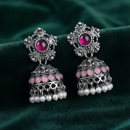 Traditional Oxidized Silver Jhumka Earrings with Pastel Stones and Pearl Drops Pair