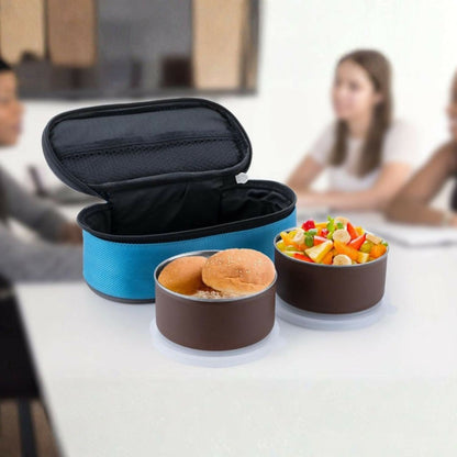 Stainless steel lunch box with insulated carry case showing dual containers