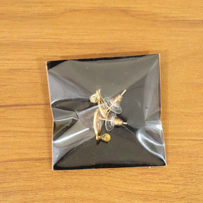 Decorative Leaf Pattern Gold Stud Earrings With Embedded Stones And Drop Element