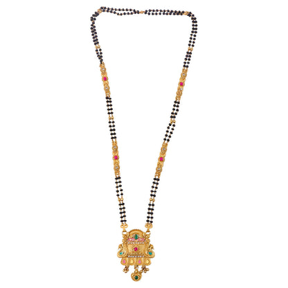 Rajwadi Temple Gate Pendant with Pink Leaf & Emerald Drops Long Double Strand Mangalsutra