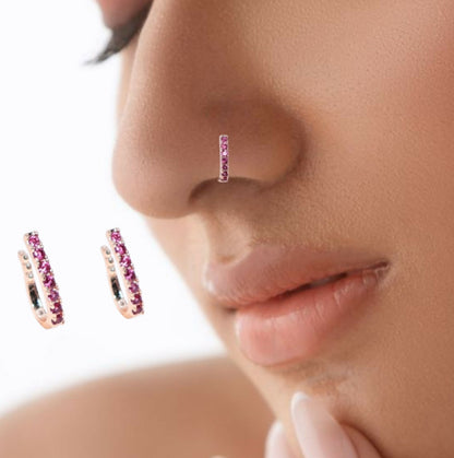 Rose Gold Double Row Pink Studded Nose Ring/Cuff Combo Pack of 2