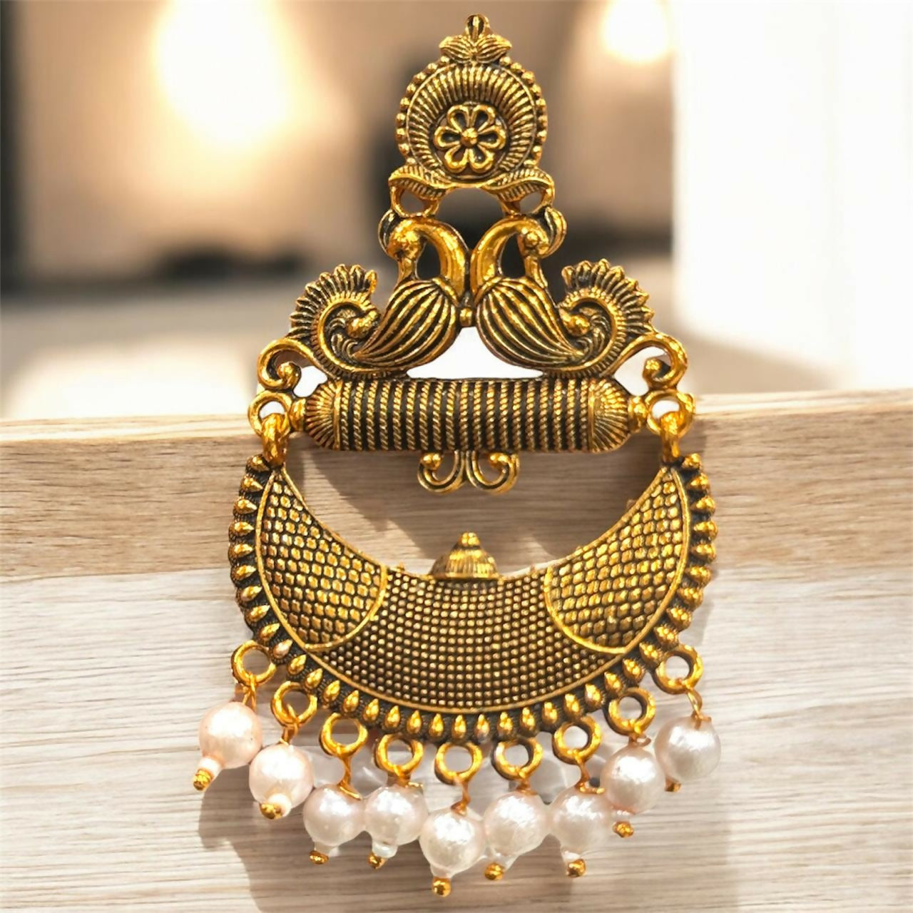 Antique Gold Tribal Chandbali Earrings with Pearl Drops & Peacock Motif