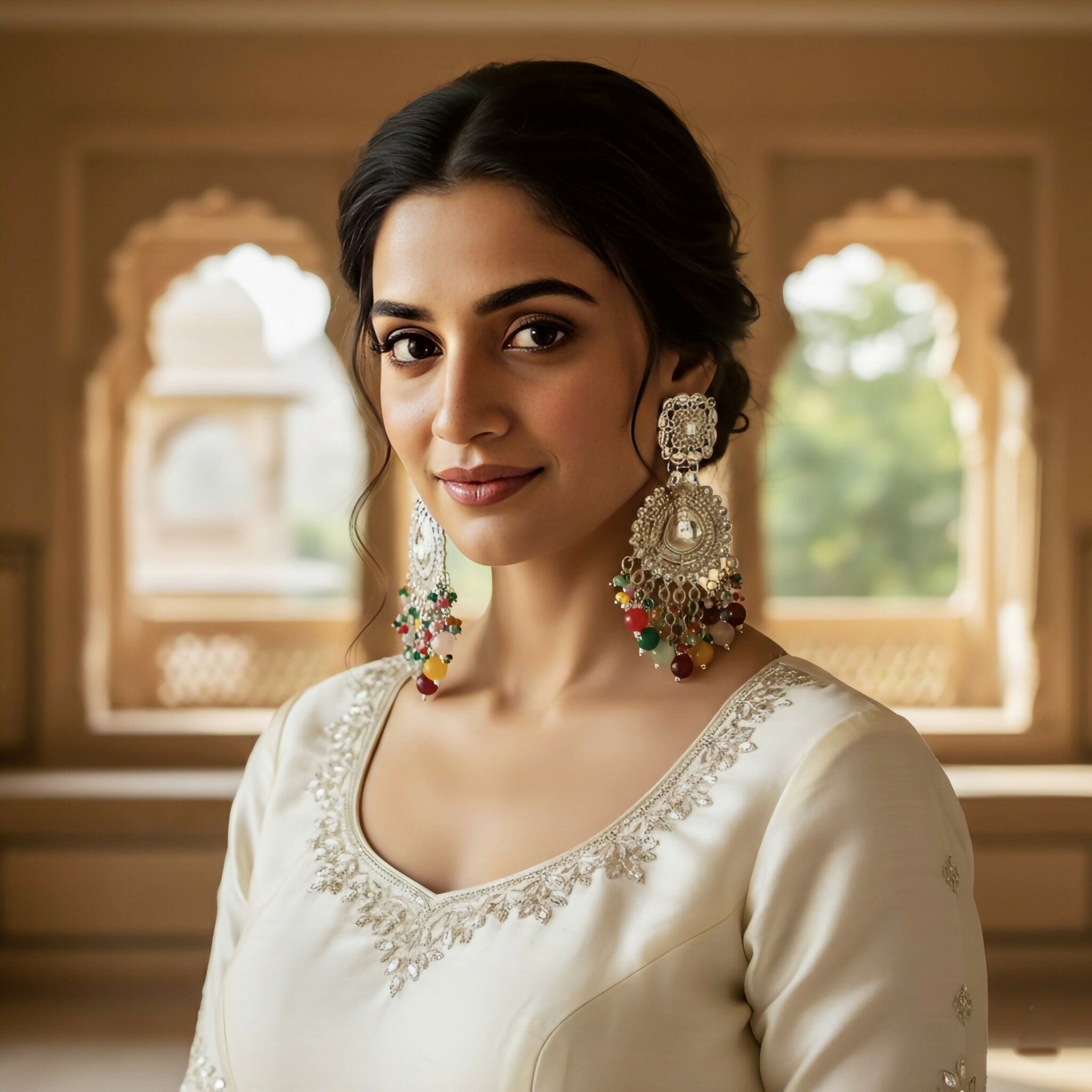 Oxidized Silver Chandbalis with Multi-Color Bead Drops