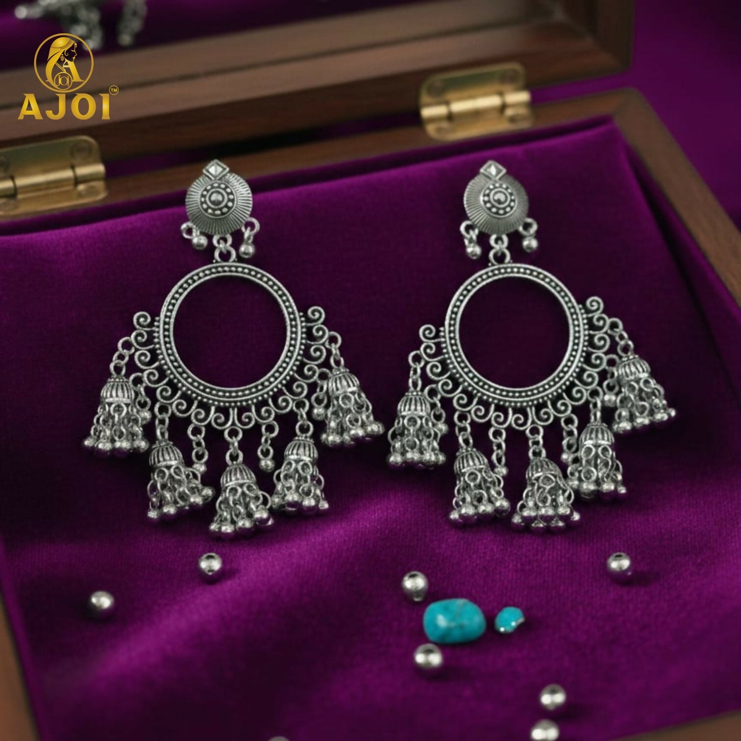 Premium Oxidised Silver Boho Chandbali Jhumka Earrings
