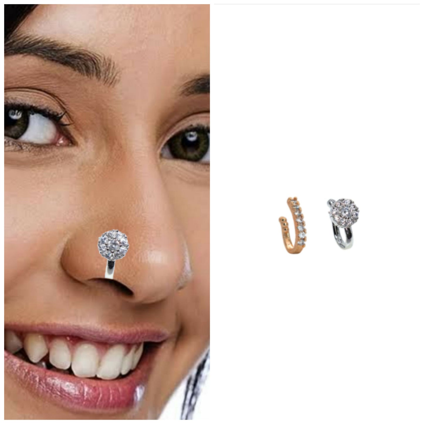 Diamond Cluster Clip-On Nose Ring | CZ Stone Non-Piercing Nath Combo Pack of 2