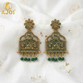 Antique Temple Doli Earrings – Traditional Green Bead Drops for Festive Looks