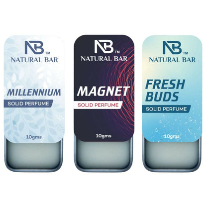 Natural Bar Millennium, fresh buds And Magnet solid perfume (3Pc/10gm) | Alcohol Free Cologne for Men & Women | Strong & Lasting Fragrance | Gifting Set for Him & Her