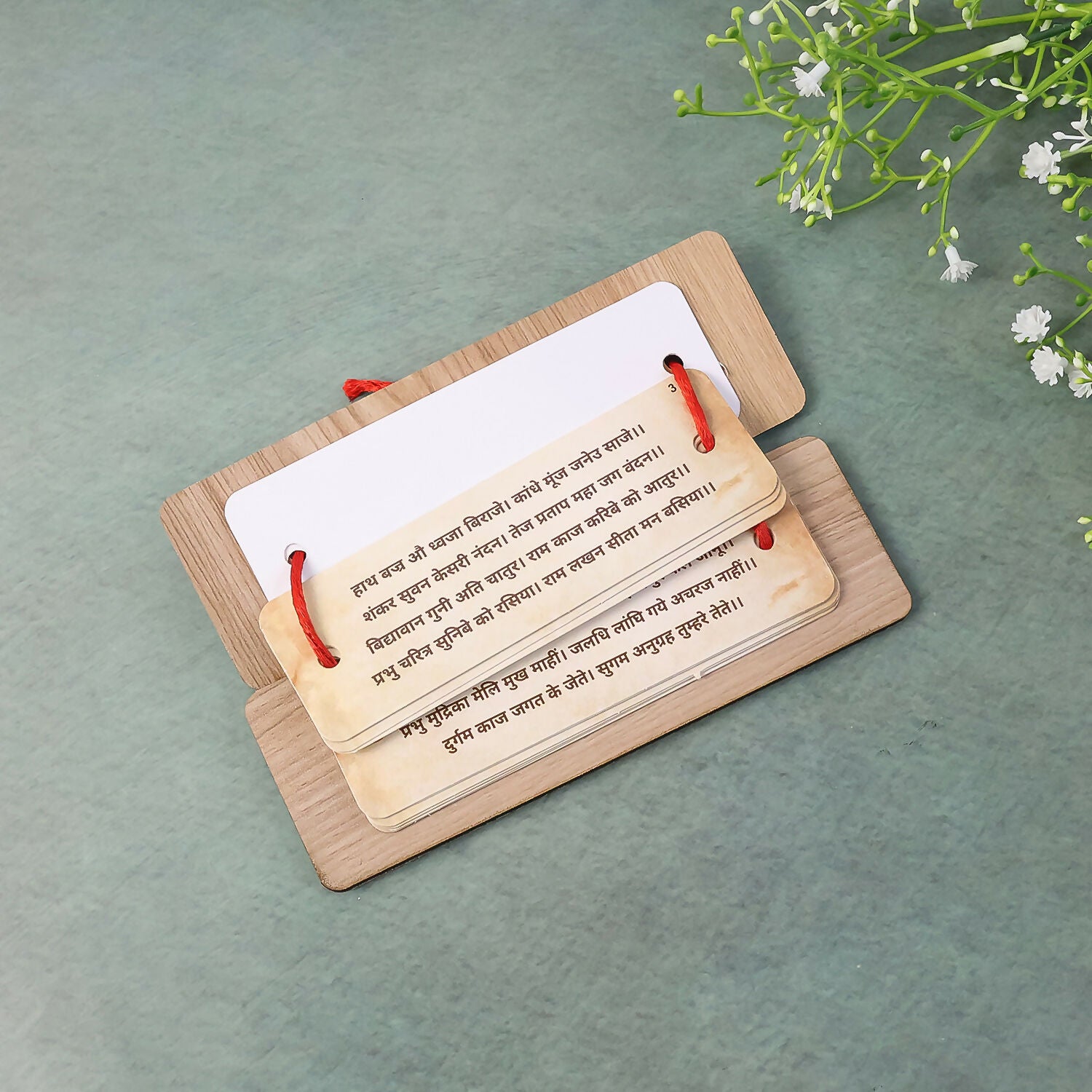 Wooden Hanuman Chalisa Flip Book with Stand, 6 × 2 Inch for Home Mandir & Prayer