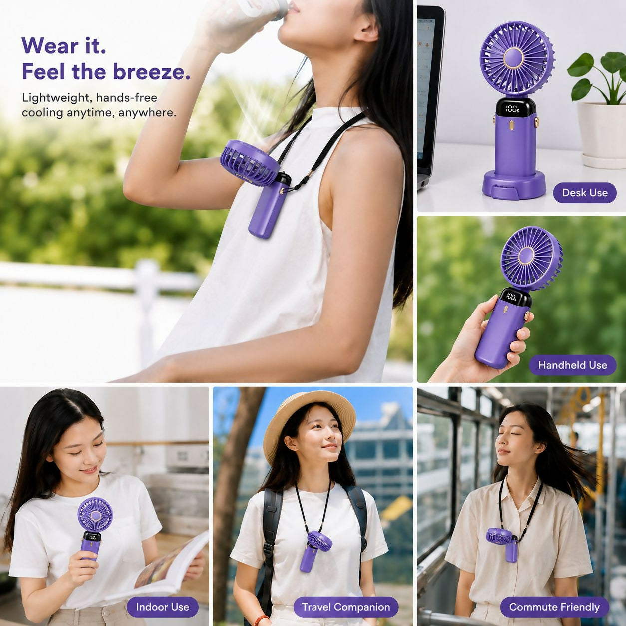 Portable Mini Neck Fan with LED Display & Desk Stand