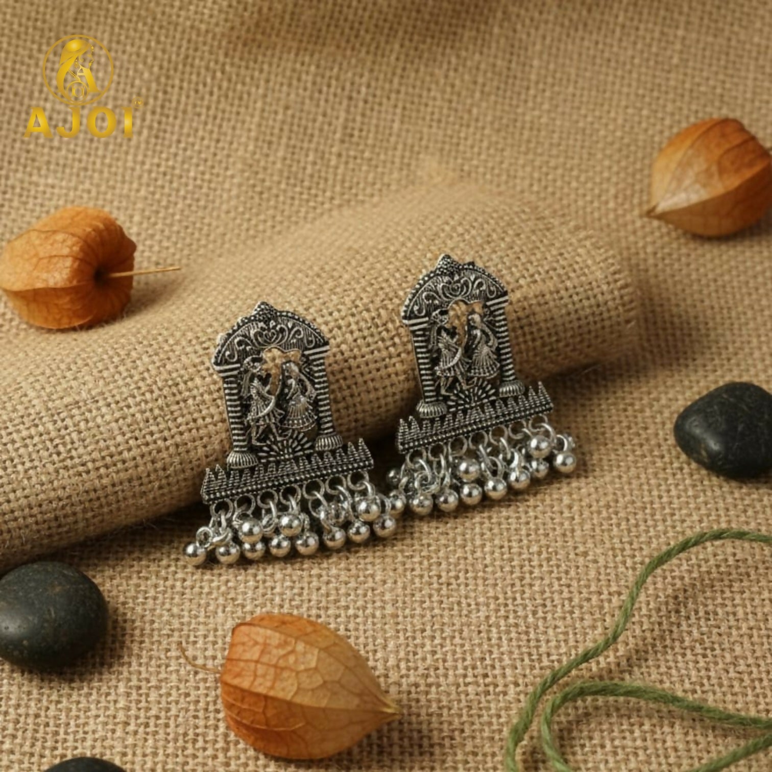 Oxidized Silver Temple Earrings – Handcrafted Radha Krishna Design with Ghungroo Drops