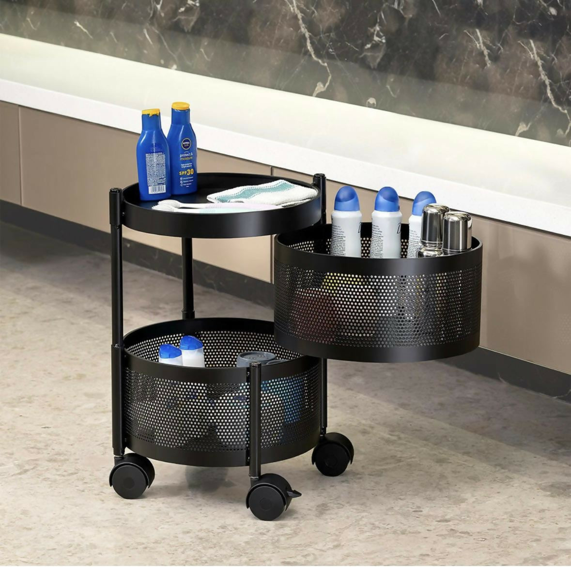 Compact Round 2-Layer Kitchen Trolley with Ventilated Mesh Baskets & Four Swivel Wheels
