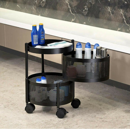 Compact Round 2-Layer Kitchen Trolley with Ventilated Mesh Baskets & Four Swivel Wheels