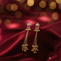 Pink Stone Kashmiri Long Chain Ghungroo Earrings.