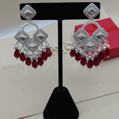 Elegant Silver Plated Chandelier Earrings Featuring Square Crystals and Maroon Teardrop Beads