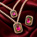 Rose Gold Rainbow Crystal Double Layer Necklace Set with Stud Earrings Women
